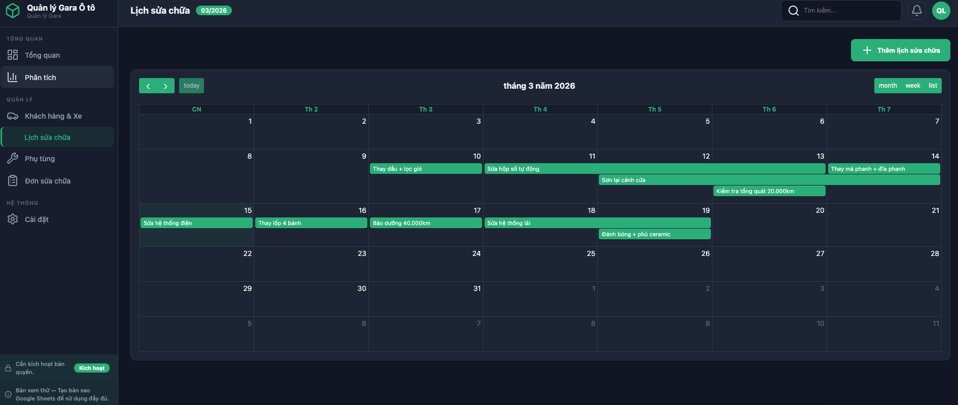 Lịch sửa chữa calendar