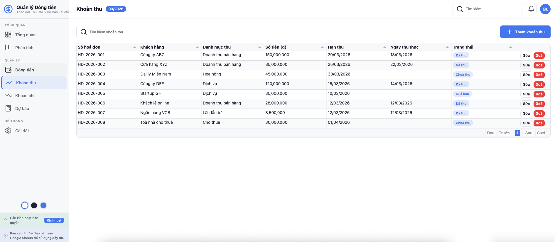 Bảng theo dõi khoản thu — công nợ khách hàng