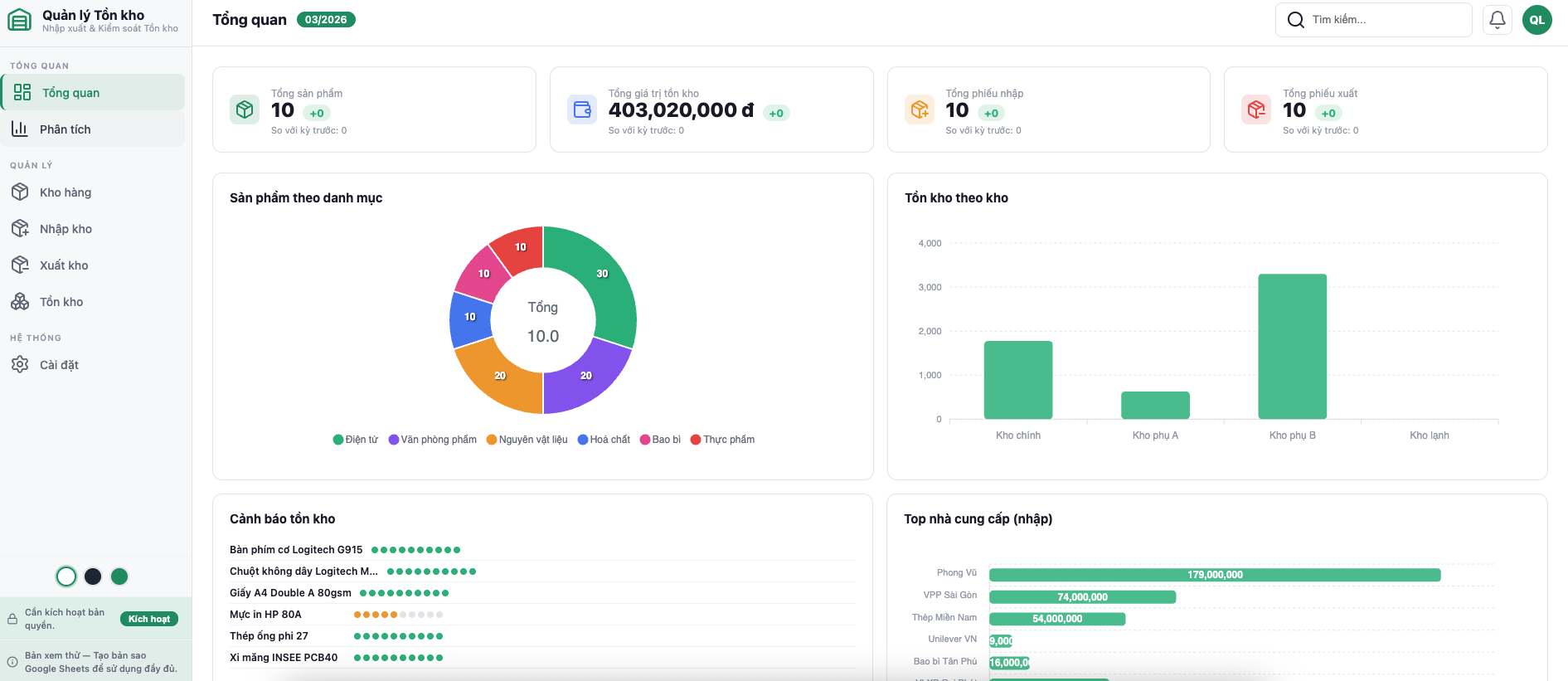 Module Kho hàng — danh sách sản phẩm với sidebar chi tiết