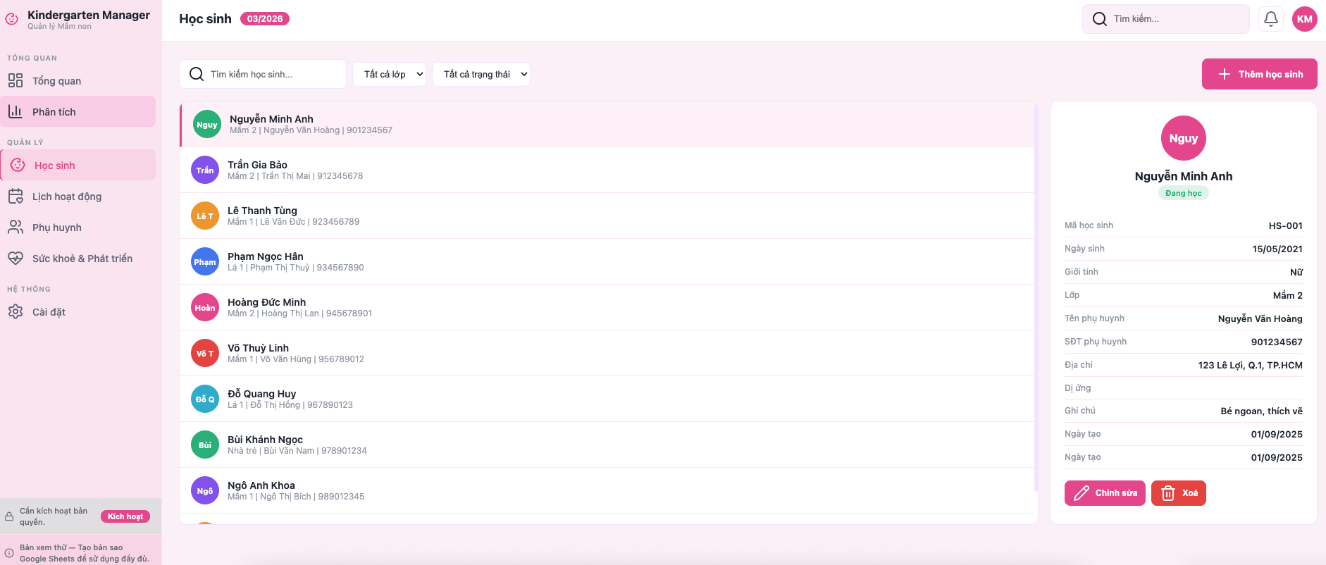 Danh sách học sinh — thông tin chi tiết từng bé