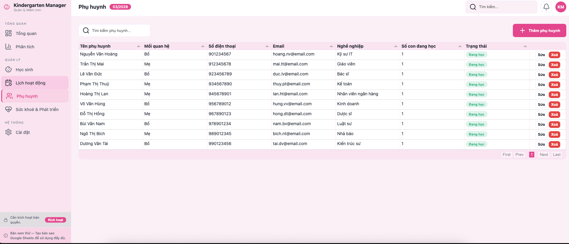 Danh sách phụ huynh — bảng thông tin liên hệ, nghề nghiệp, trạng thái
